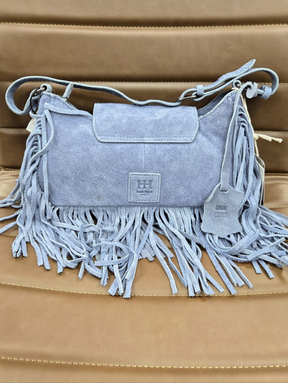 Haute Hippie Blue Suede Fringe Shoulder Handbag - Picture 2 of 6
